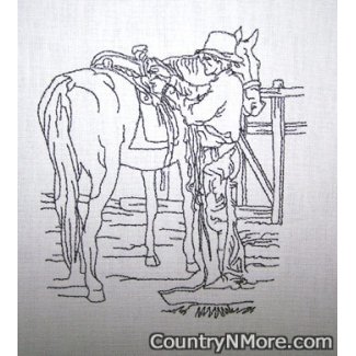 embroidered saddle up time tea towel