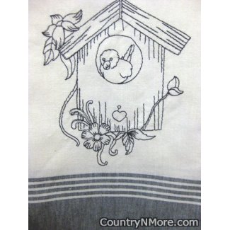 embroidered bird flower birdhouse kitchen tea towel