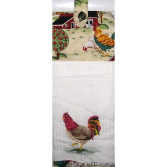 embroidered rooster country farm scene oven door towel