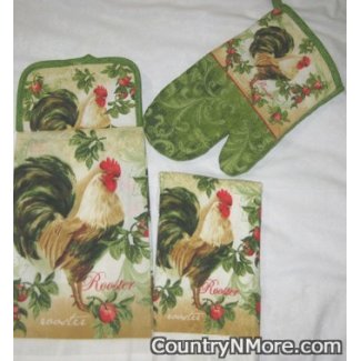 rooster apple potholder oven mitt dishcloth gift set